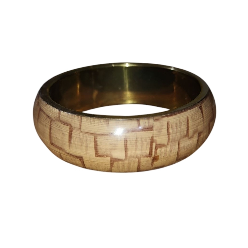 Vintage Lucite With Brass Inlay Neutral Geo Patterned Bangle Bracelet